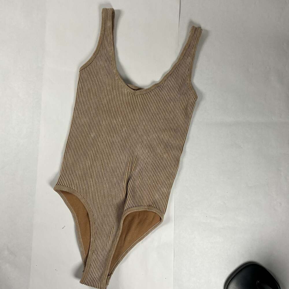 Aura Ribbed Seamless Bodysuit Tank Top Brown Tan S/M